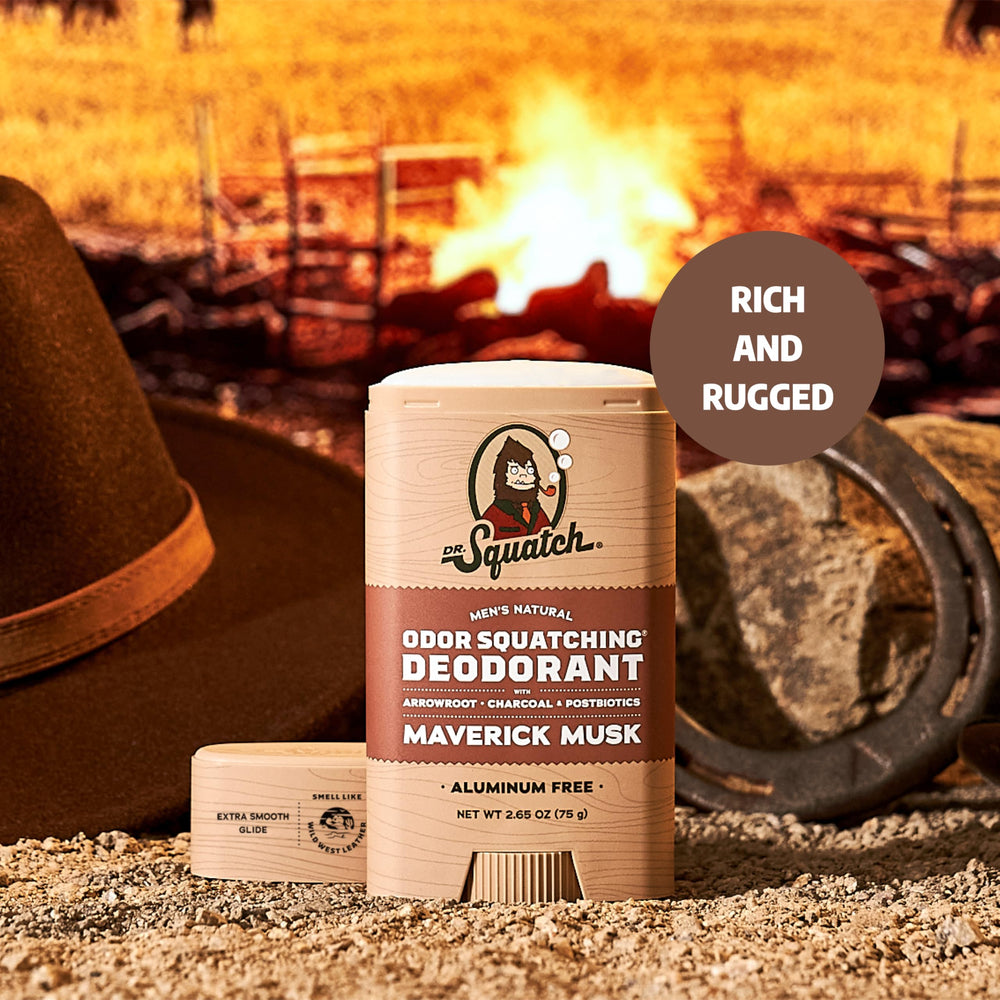 Dr. Squatch Maverick Musk features arrowroot, charcoal and postbiotics for natural odor control.