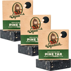 Dr. Squatch Pine Tar bar soap 3-pack on display for rugged daily cleansing.