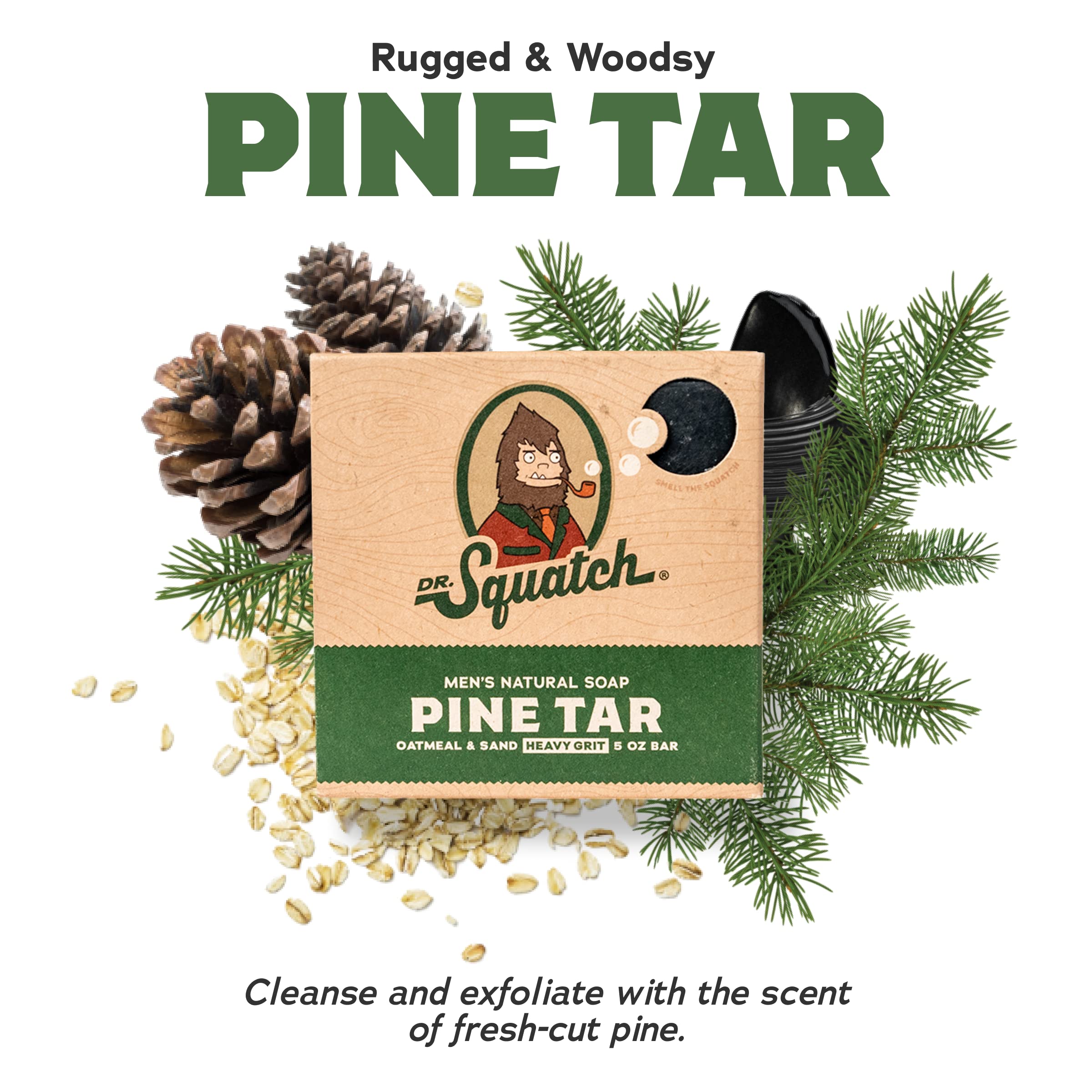 Dr. Squatch Pine Tar bar soap lather close-up highlights rugged, refreshing cleanse.