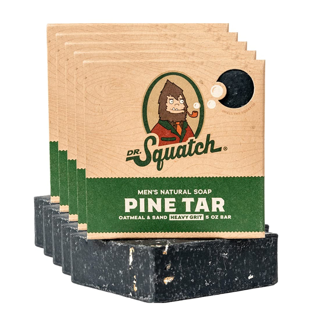 Dr. Squatch Pine Tar bar soap pack shot shows natural cleansing for daily fresh skin.