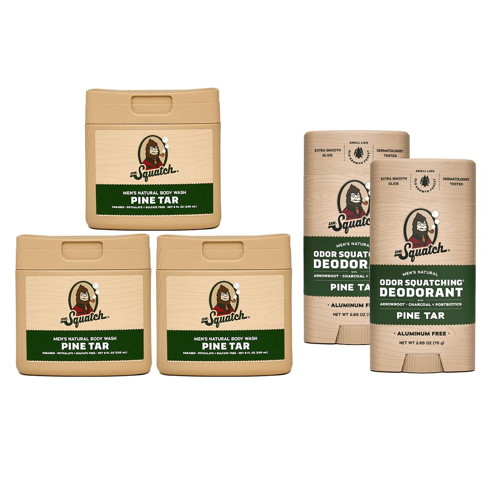 Dr. Squatch Pine Tar Body Wash bottle with pine scent for a refreshing cleanse.