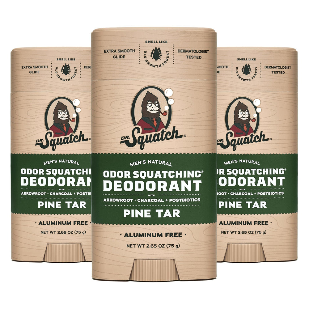 Dr Squatch Pine Tar deodorant 3-pack provides aluminum-free protection for daily use