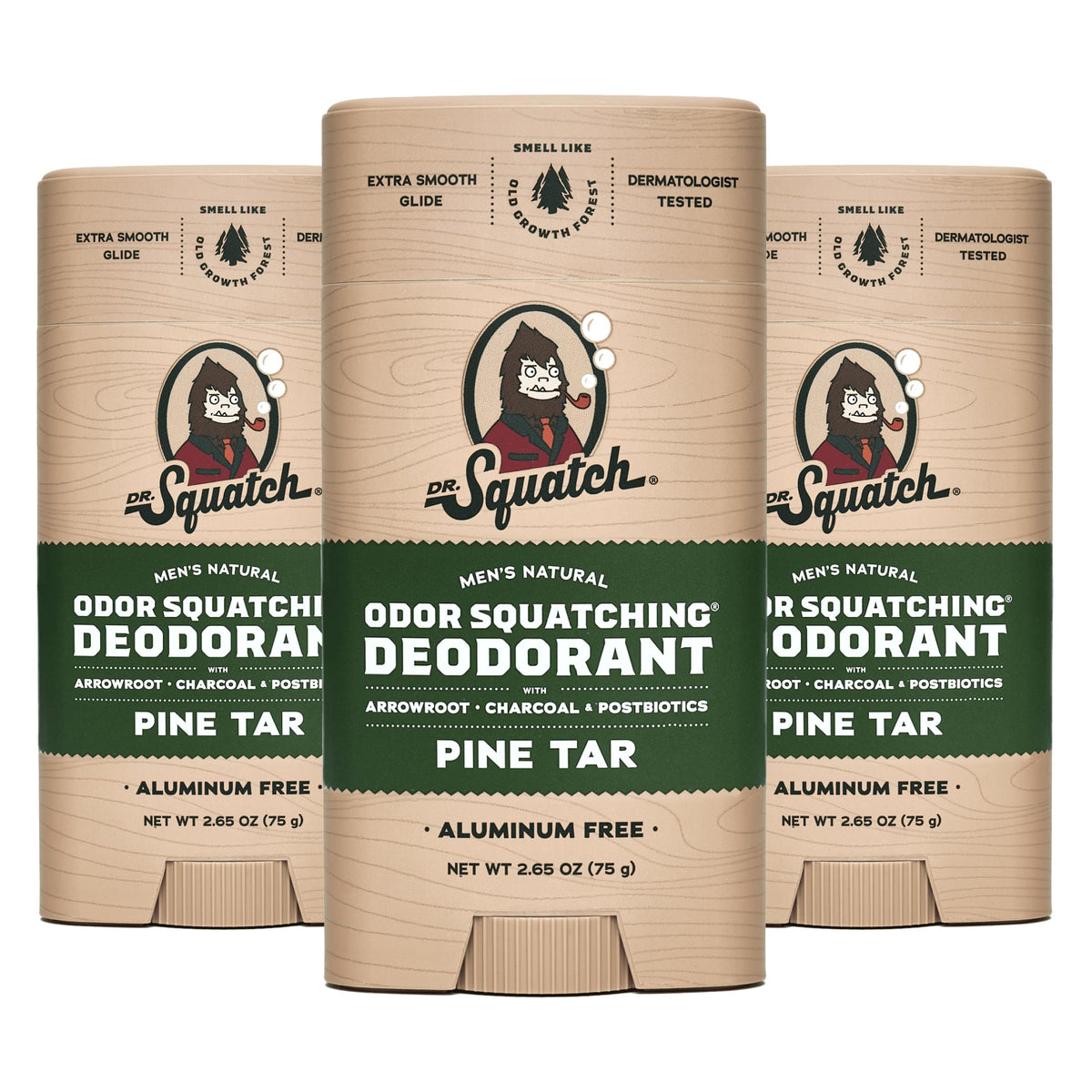 Dr Squatch Pine Tar deodorant 3-pack provides aluminum-free protection for daily use