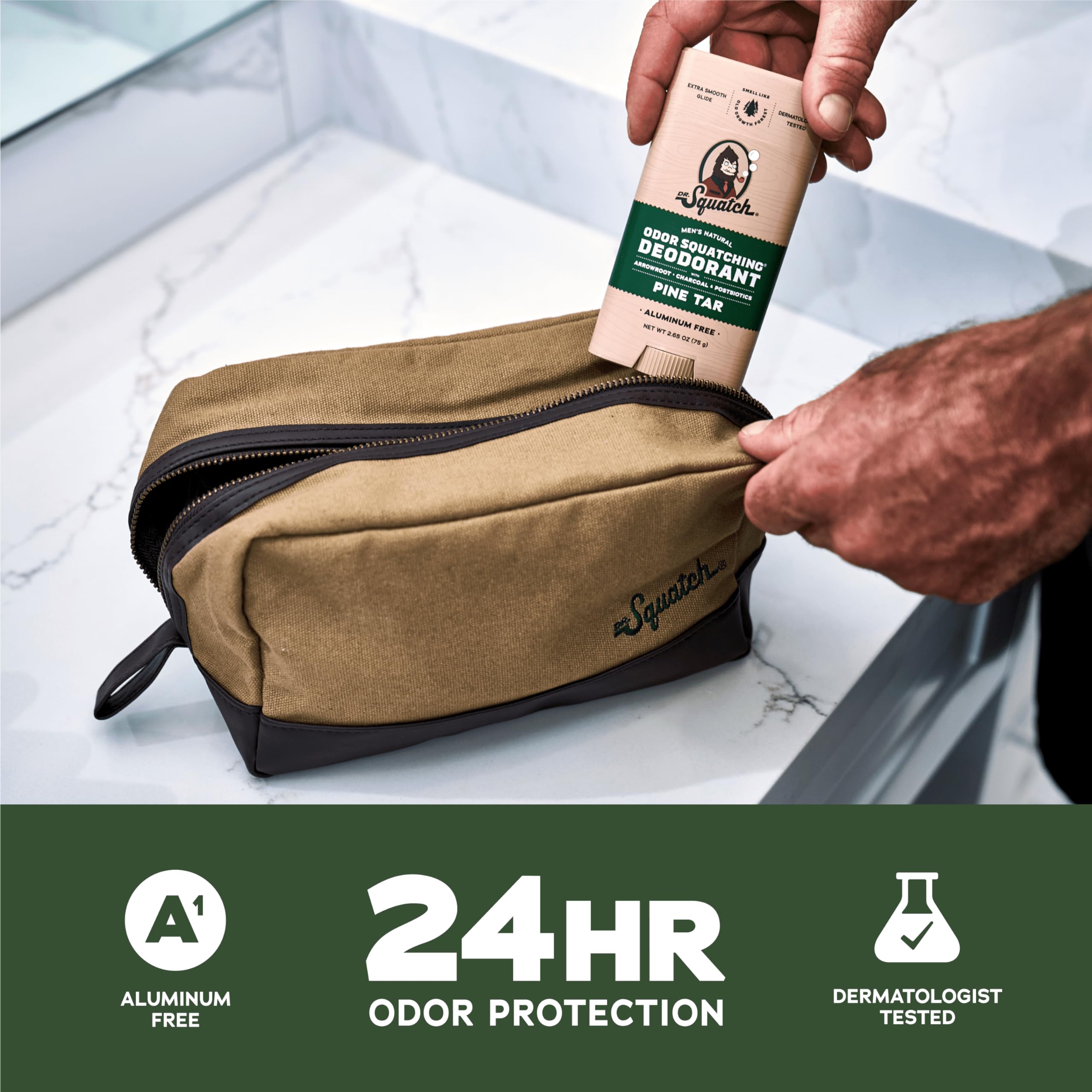 Dr Squatch Pine Tar deodorant bottle closeup highlights natural formula and clean ingredients