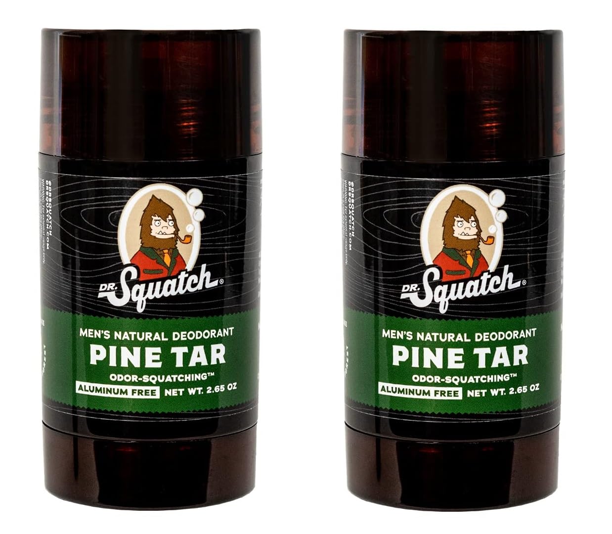 Dr. Squatch Pine Tar deodorant bottle closeup with aluminum-free protection for daily wear.