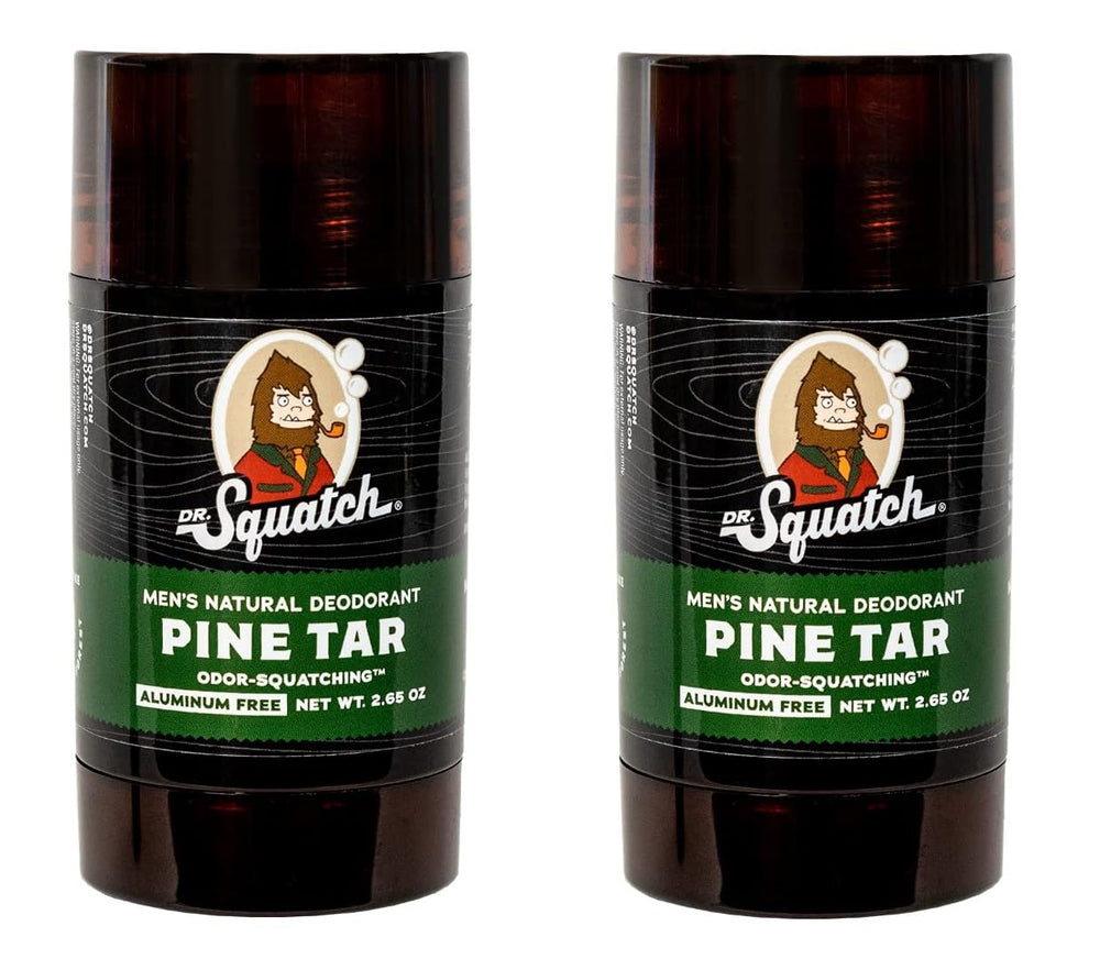 Dr. Squatch Pine Tar deodorant bottle closeup with aluminum-free protection for daily wear.