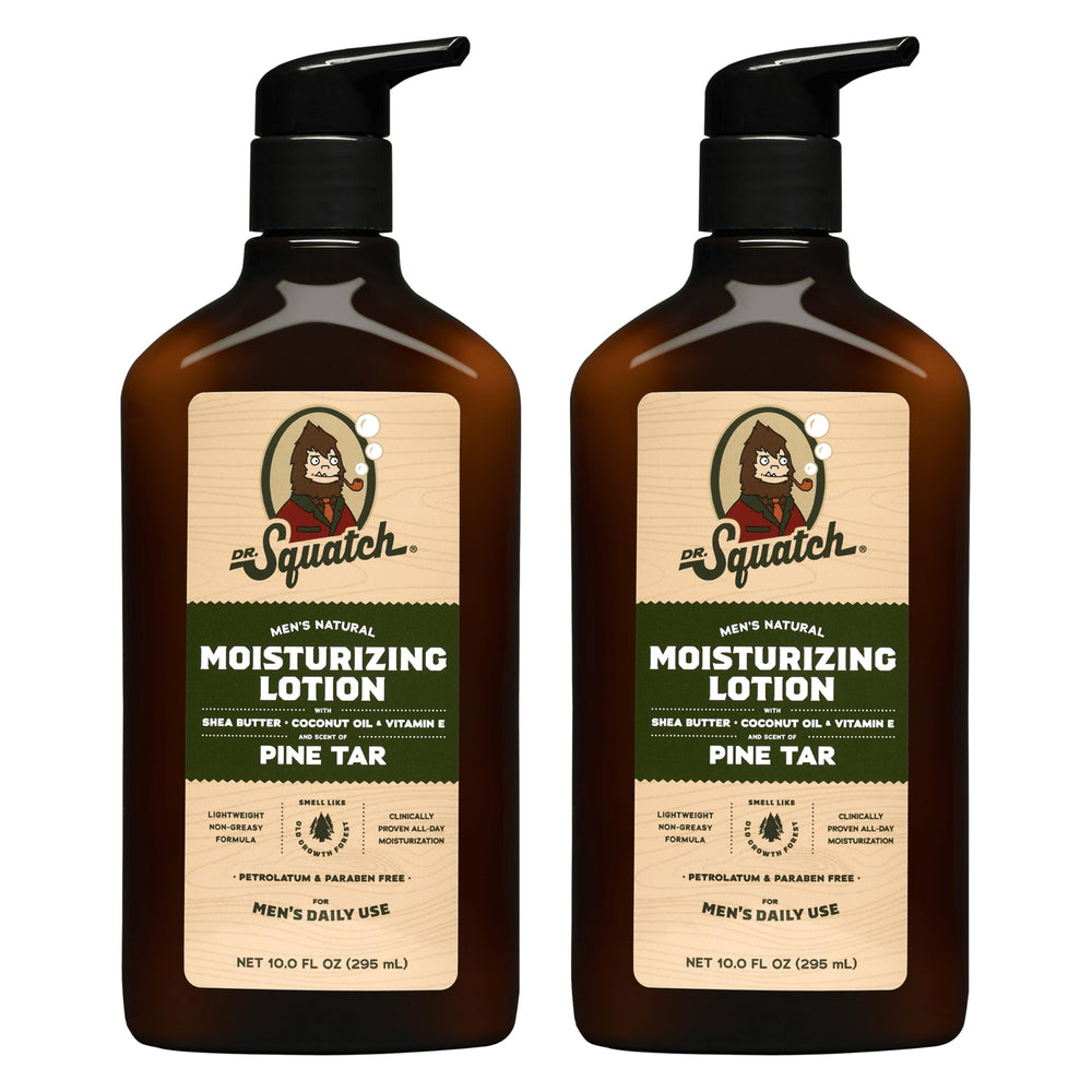 Dr. Squatch Pine Tar lotion bottles in a two-pack on display for lasting moisture.