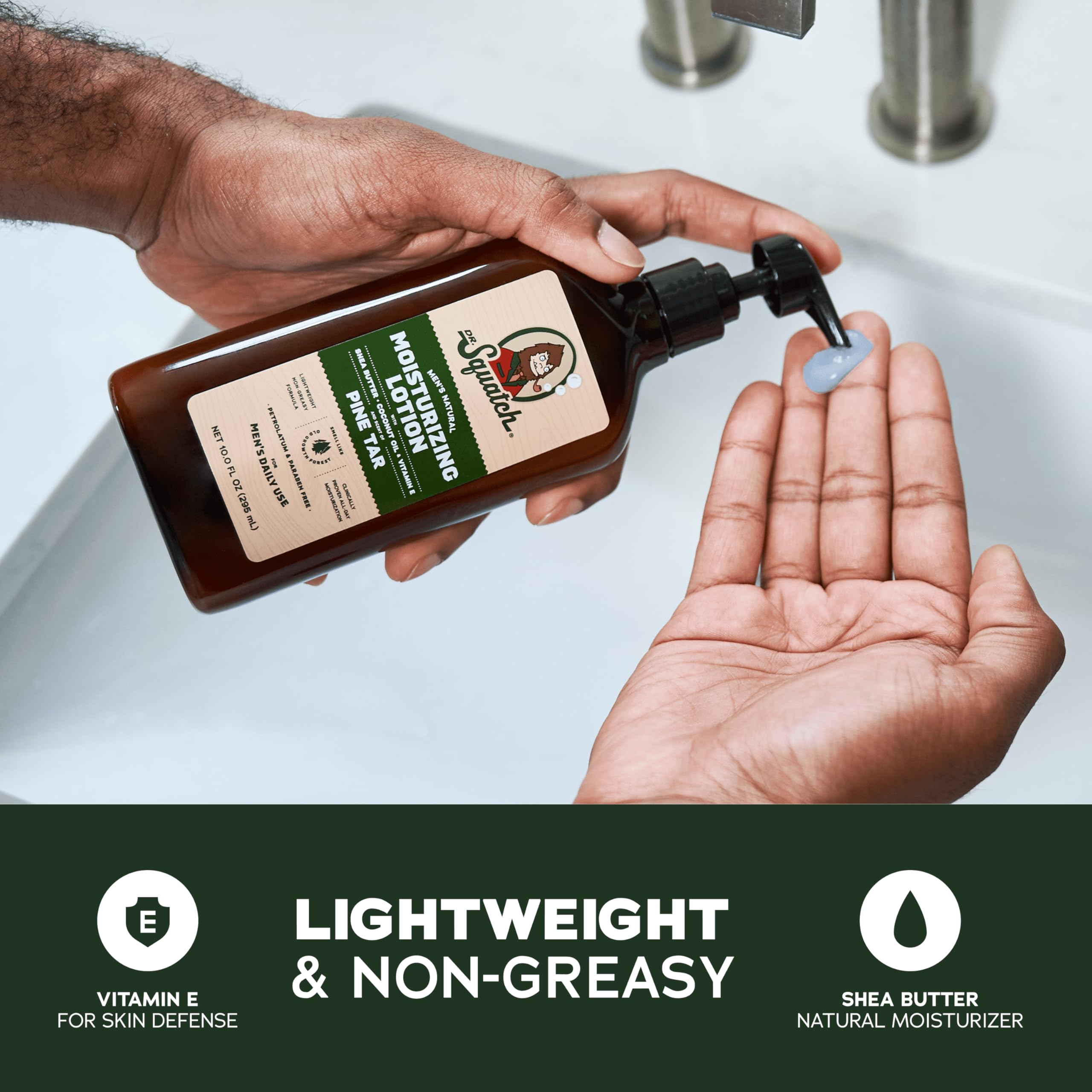 Dr. Squatch Pine Tar lotion hand-application scene shows quick-absorb formula.