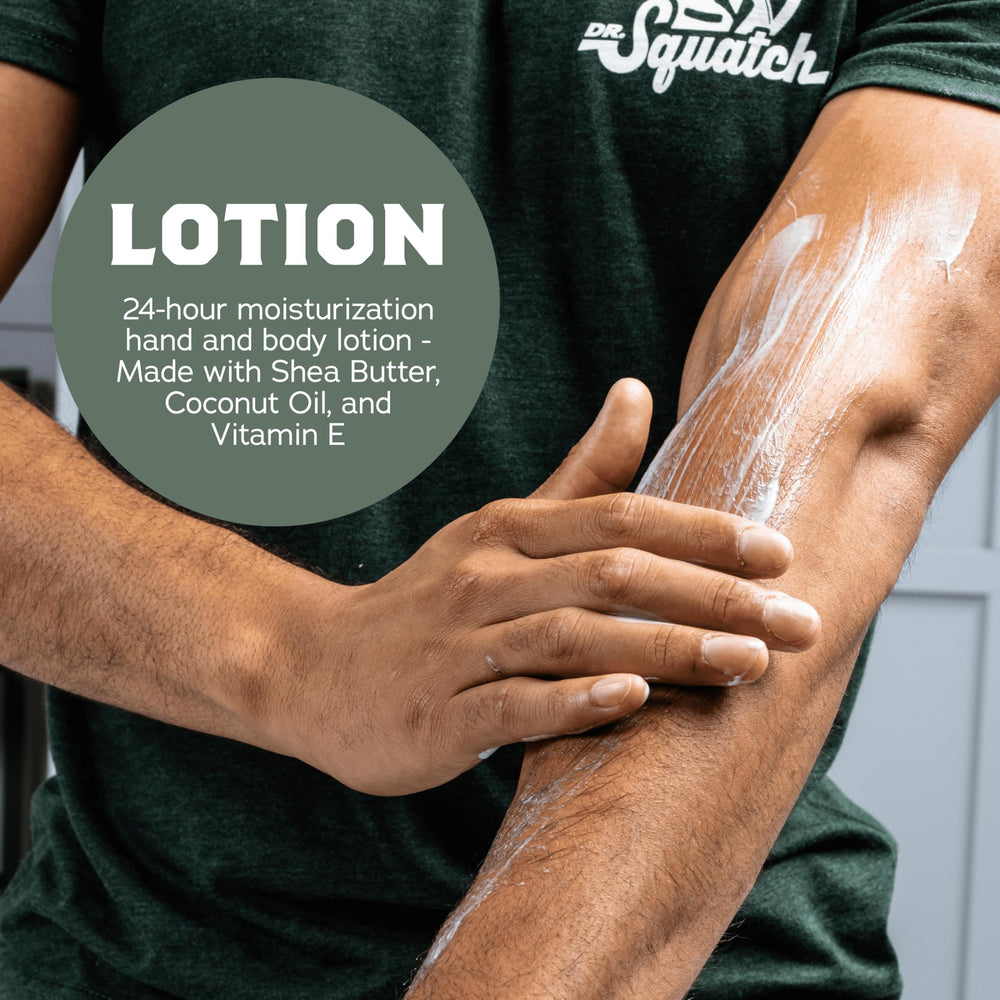 Dr. Squatch Pine Tar lotion featuring coconut oil imagery signals smooth skin care.