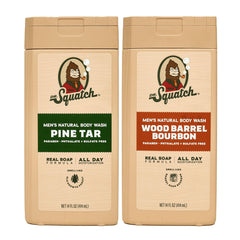 Dr. Squatch Pine Tar Wood Barrel Bourbon bottle for long-lasting scent and natural care.