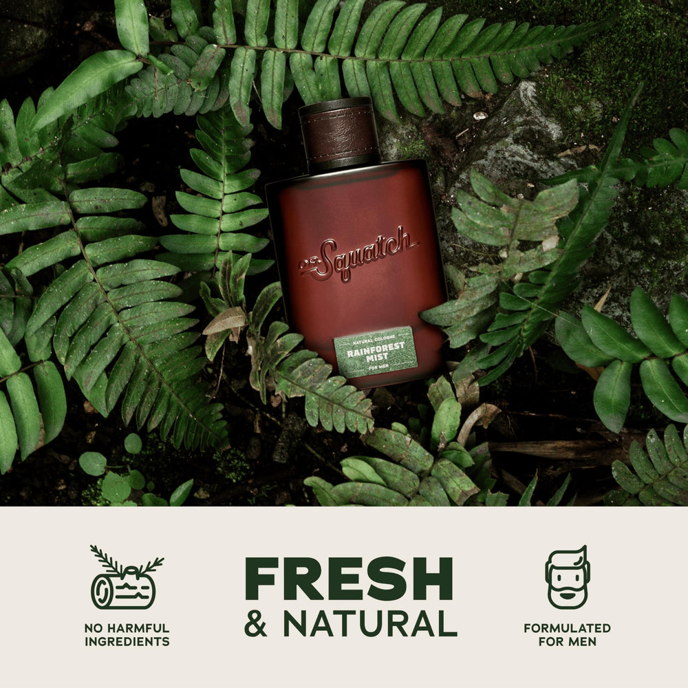 Rainforest Mist bottle conveys rugged outdoors vibe with cedar notes.