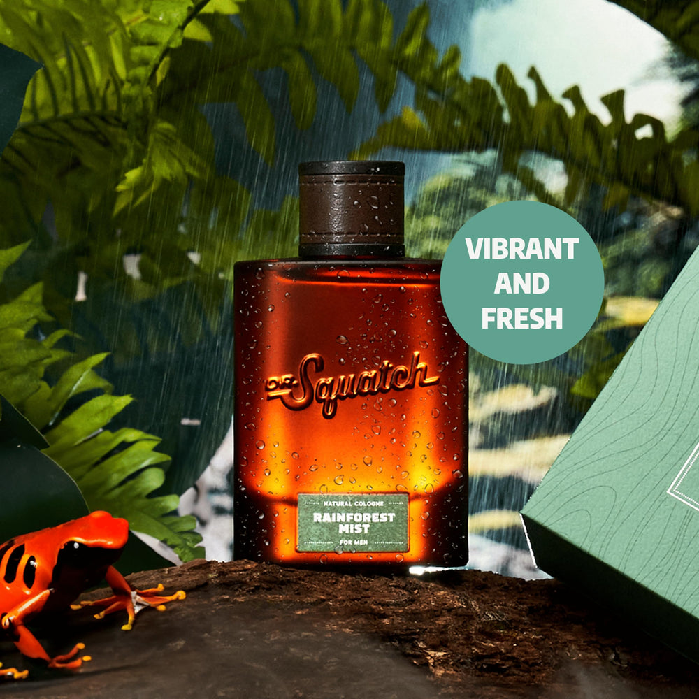 Close-up of Rainforest Mist label highlighting sustainably sourced cedarwood.