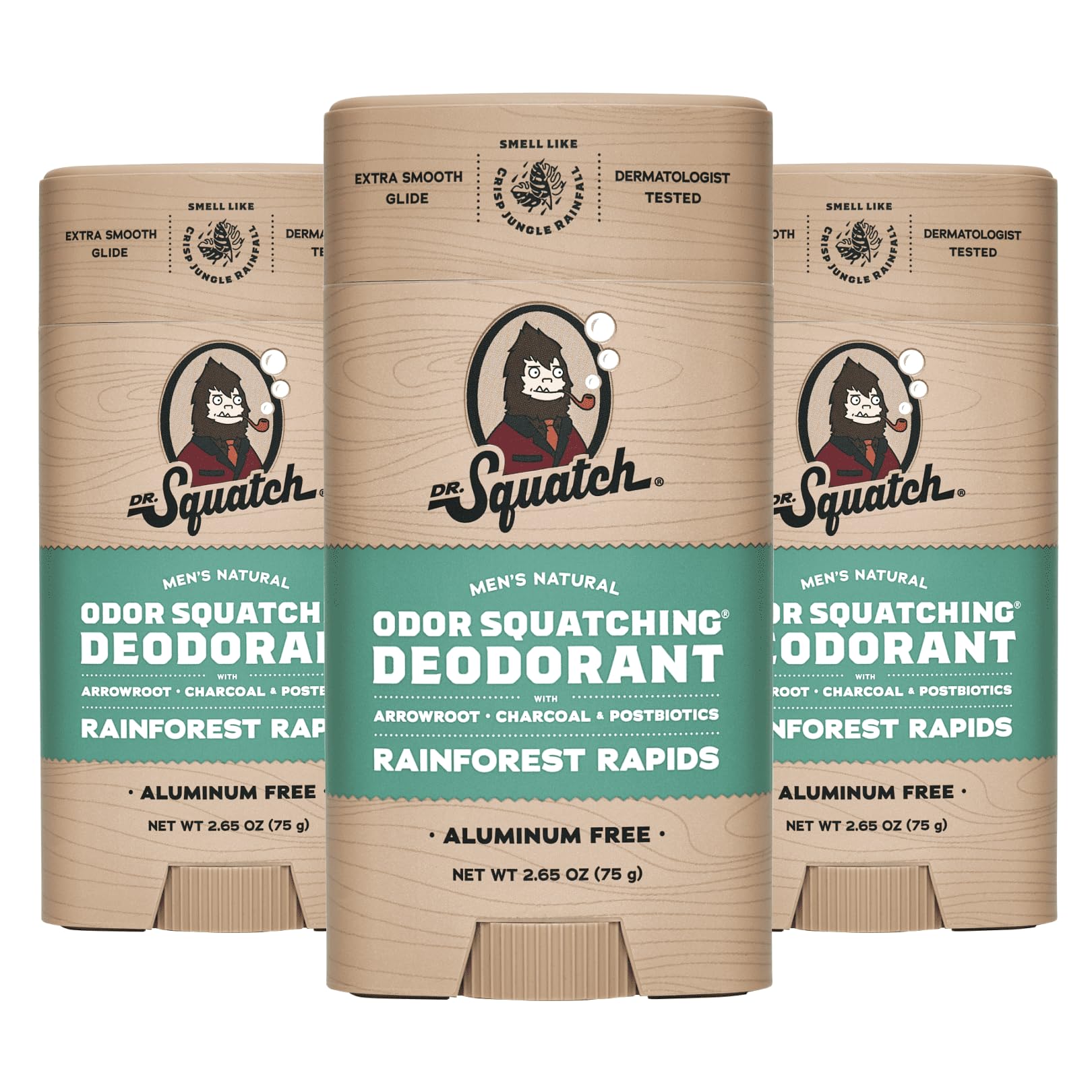 Dr. Squatch Rainforest Rapids deodorant tube front offering aluminum-free odor protection.