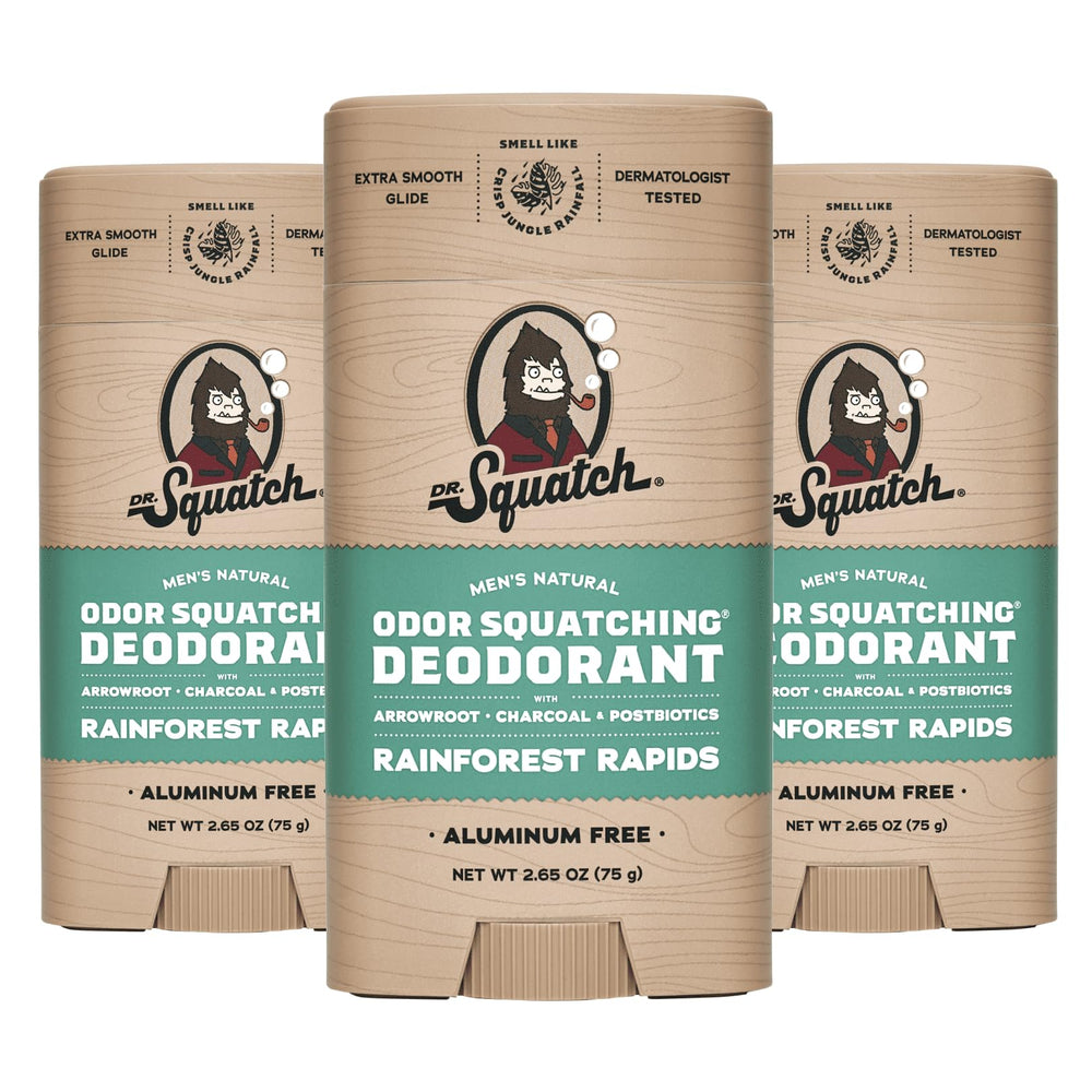 Dr. Squatch Rainforest Rapids deodorant tube front offering aluminum-free odor protection.