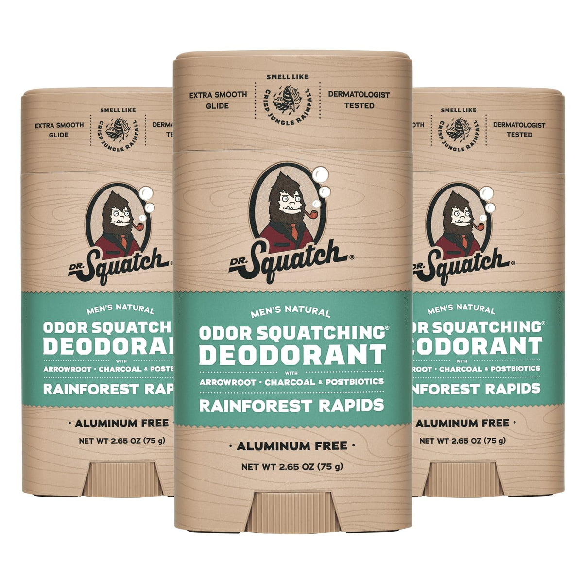 Dr. Squatch Rainforest Rapids deodorant tube front offering aluminum-free odor protection.