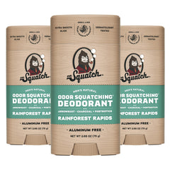 Dr. Squatch Rainforest Rapids deodorant tube front offering aluminum-free odor protection.