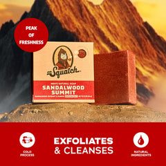 Dr. Squatch Sandalwood Summit lather closeup – creamy texture for daily wash.