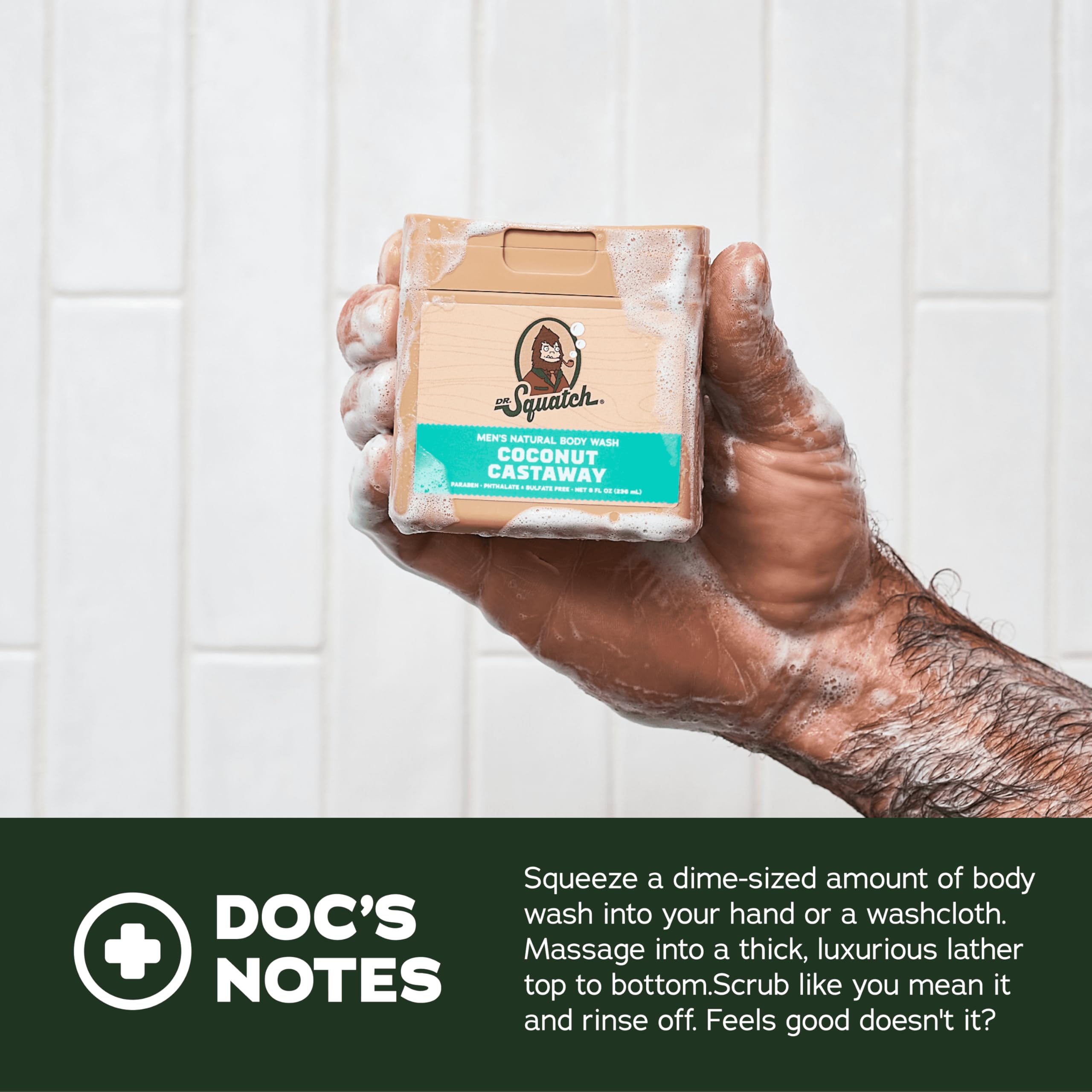 Dr. Squatch scent-lock technology graphic highlights extended fragrance while you wash