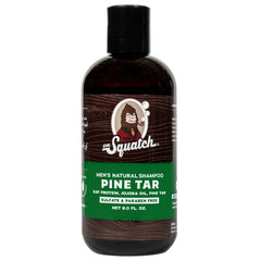 Dr. Squatch Pine Tar shampoo bottle with rugged pine scent for an energizing cleanse.