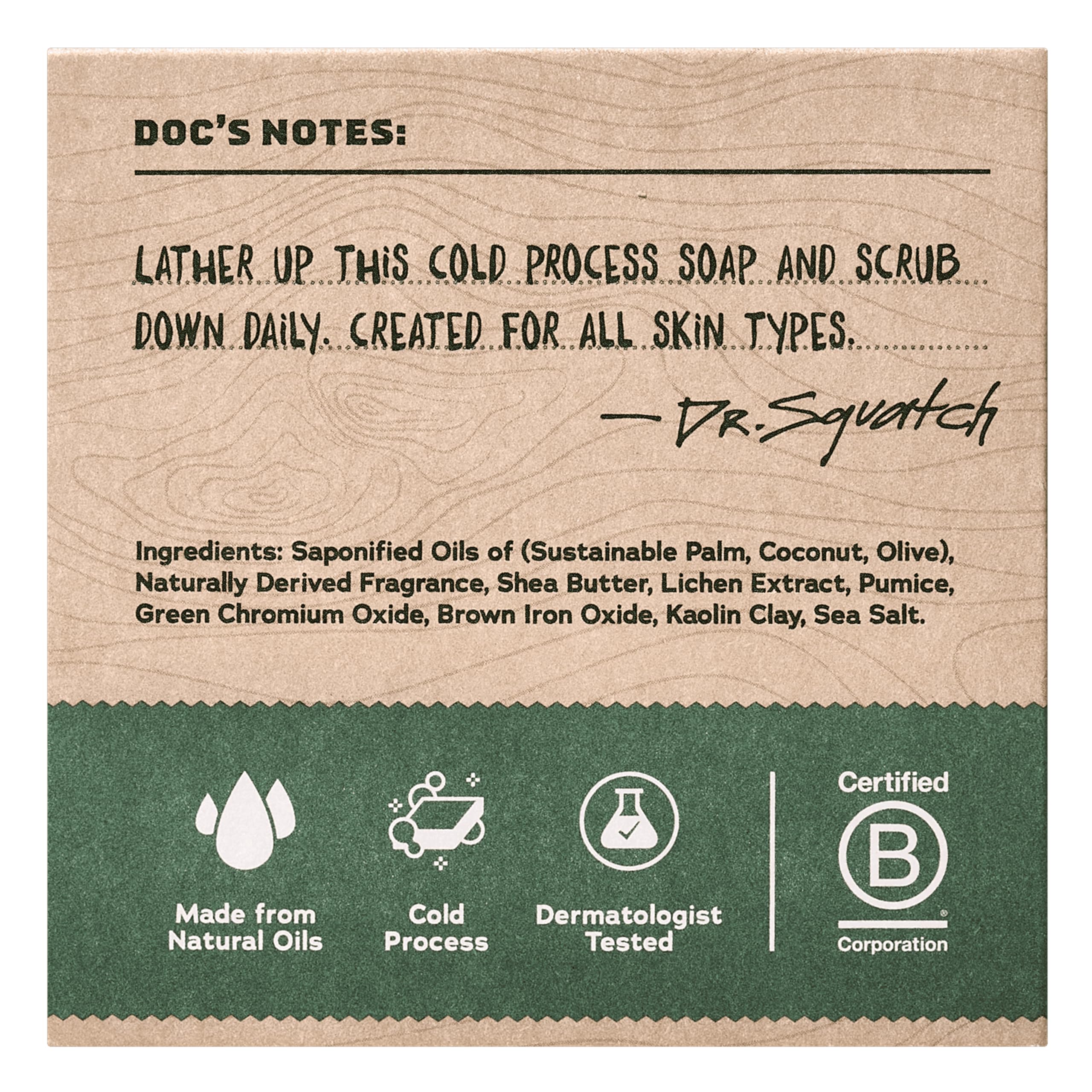 Dr. Squatch Sierra Storm bar soap closeup highlights coconut oil and shea butter benefits.