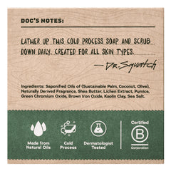 Dr. Squatch Sierra Storm bar soap closeup highlights coconut oil and shea butter benefits.