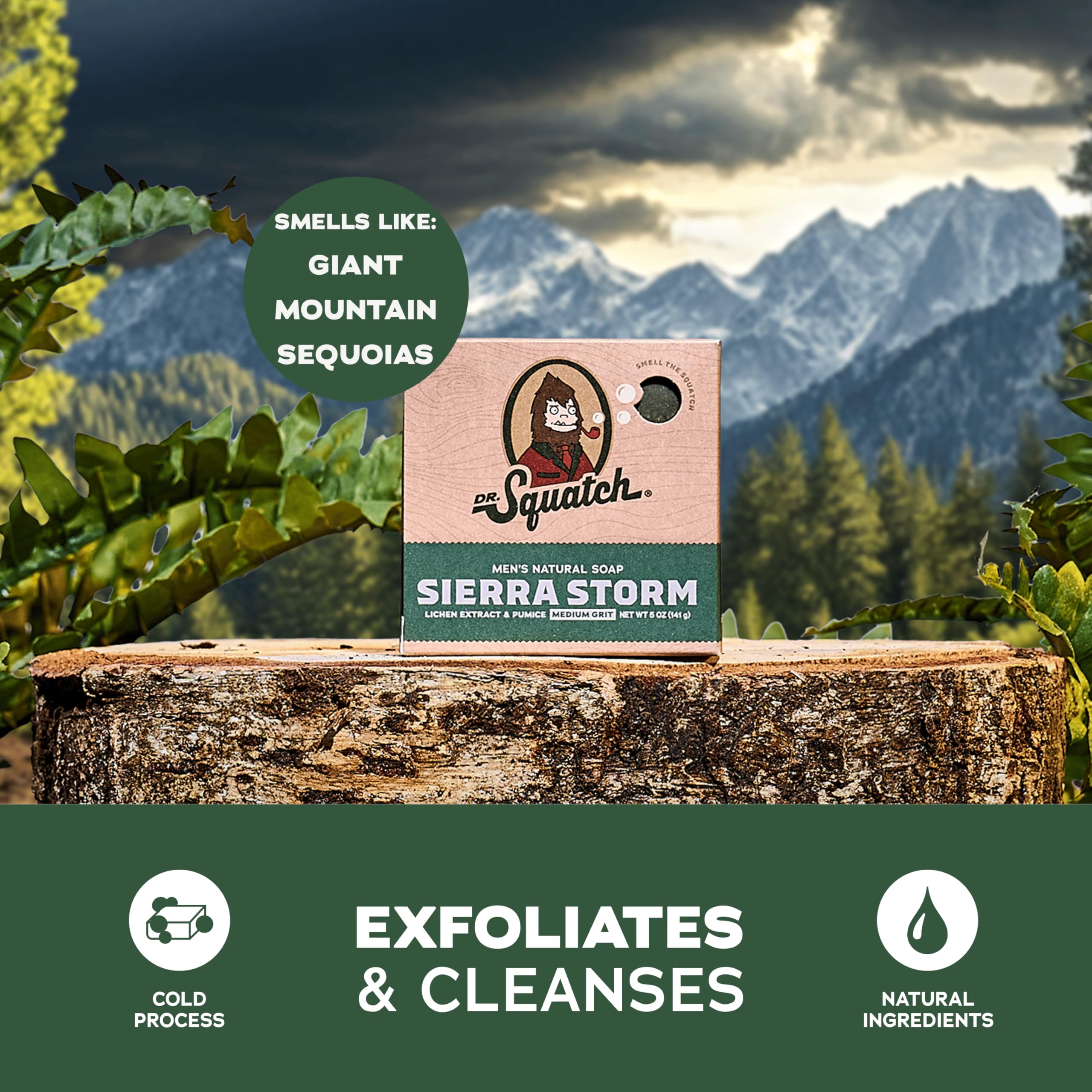 Dr. Squatch Sierra Storm bar soap packaging presents a rugged, gift-ready option.