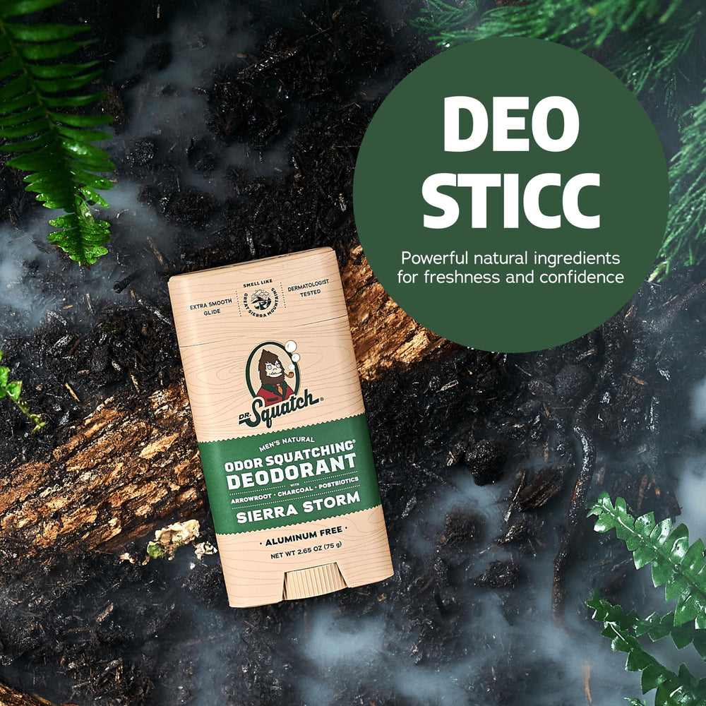 Dr. Squatch Sierra Storm application guide showing swipe method for long-lasting freshness.