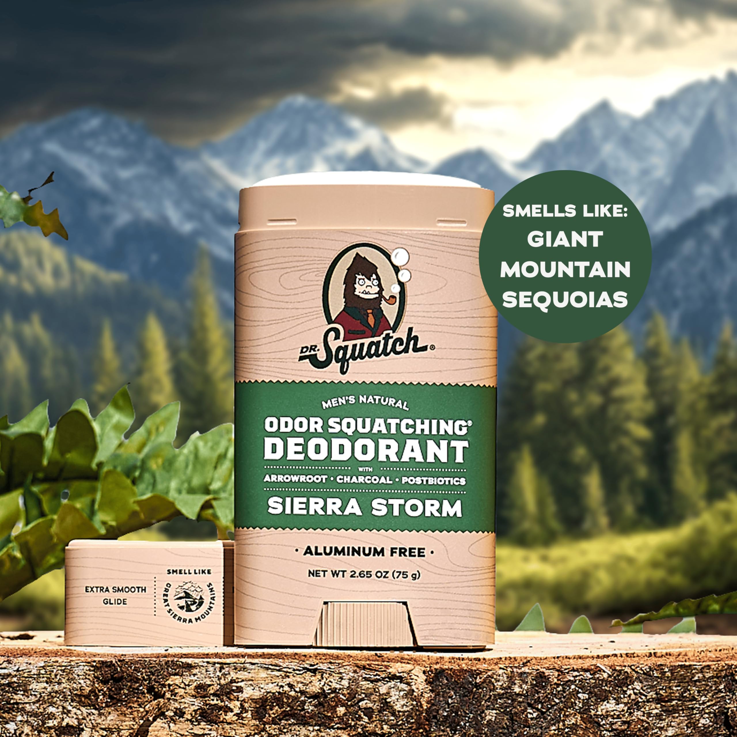 Dr. Squatch Sierra Storm arrowroot and charcoal ingredients label conveying natural odor defense.