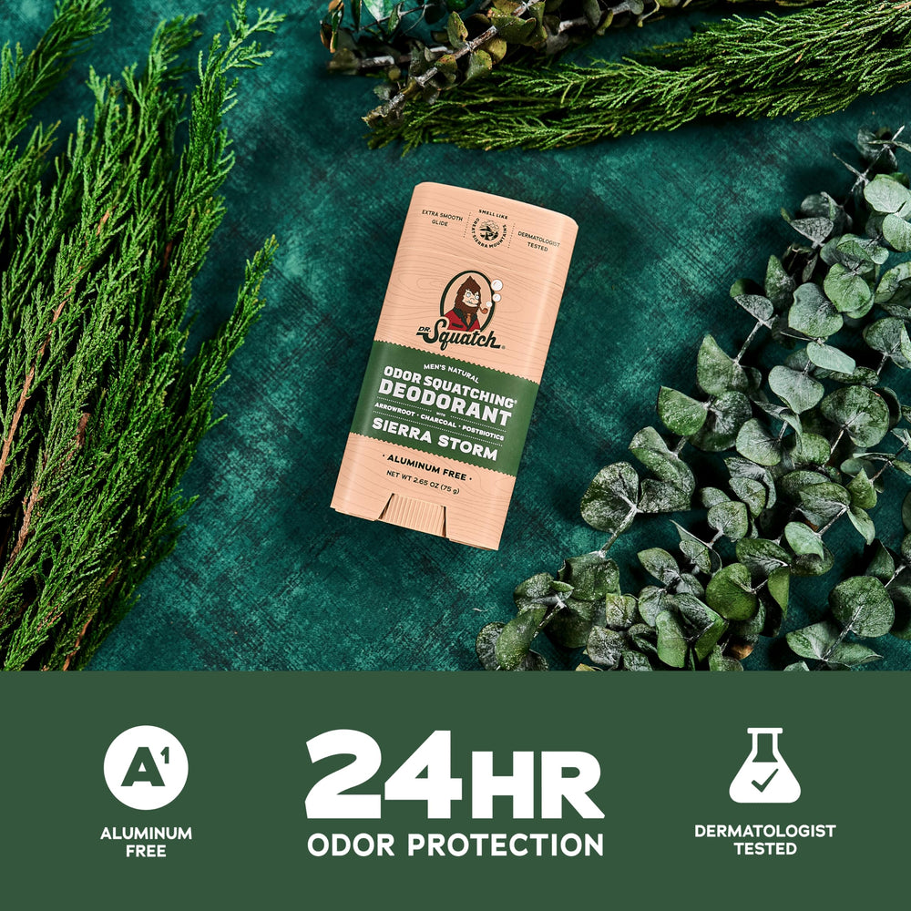Dr. Squatch Sierra Storm pine and juniper scent evokes rugged outdoor confidence.
