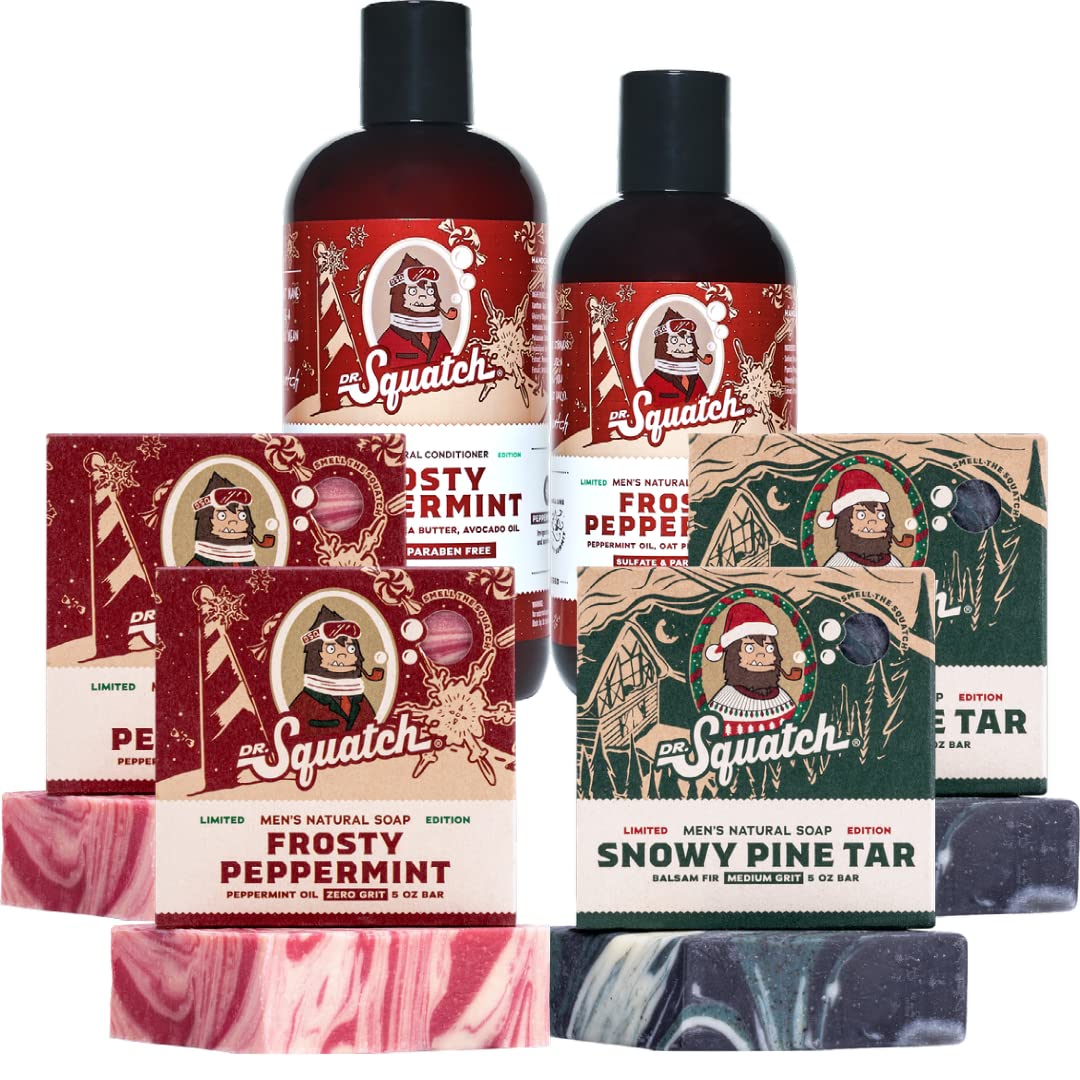 Dr. Squatch Snowy Pine Tar Soap bars offer natural cleansing with pine scent.