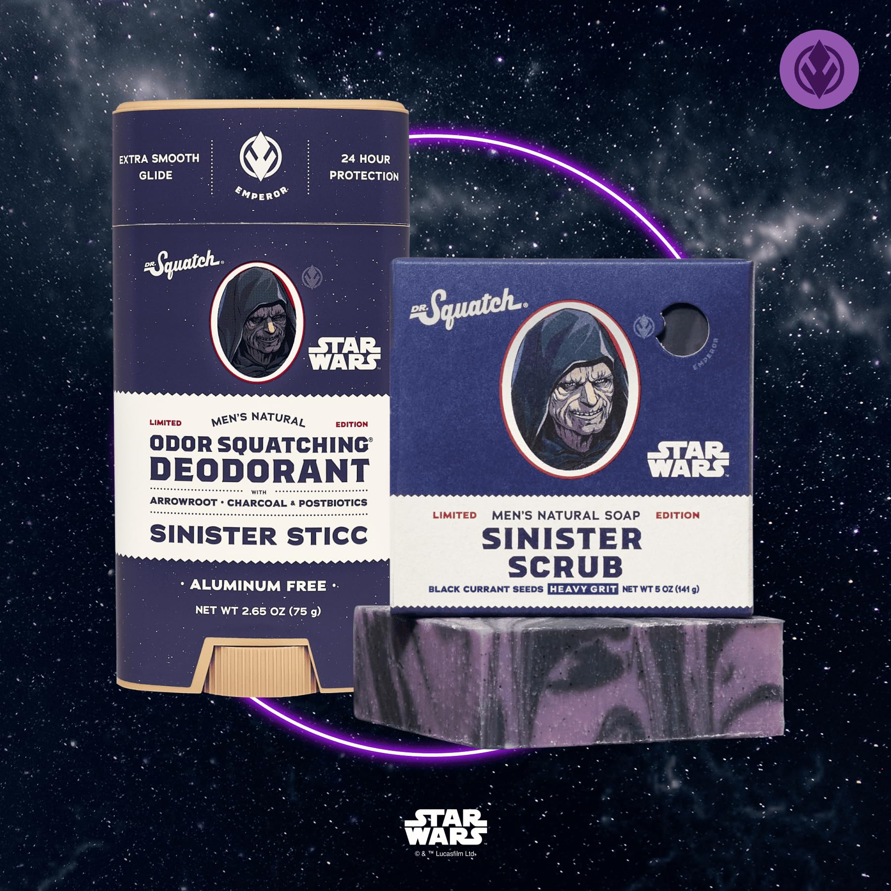 Dr. Squatch Star Wars Sinister Sticc deodorant stick for aluminum-free protection.