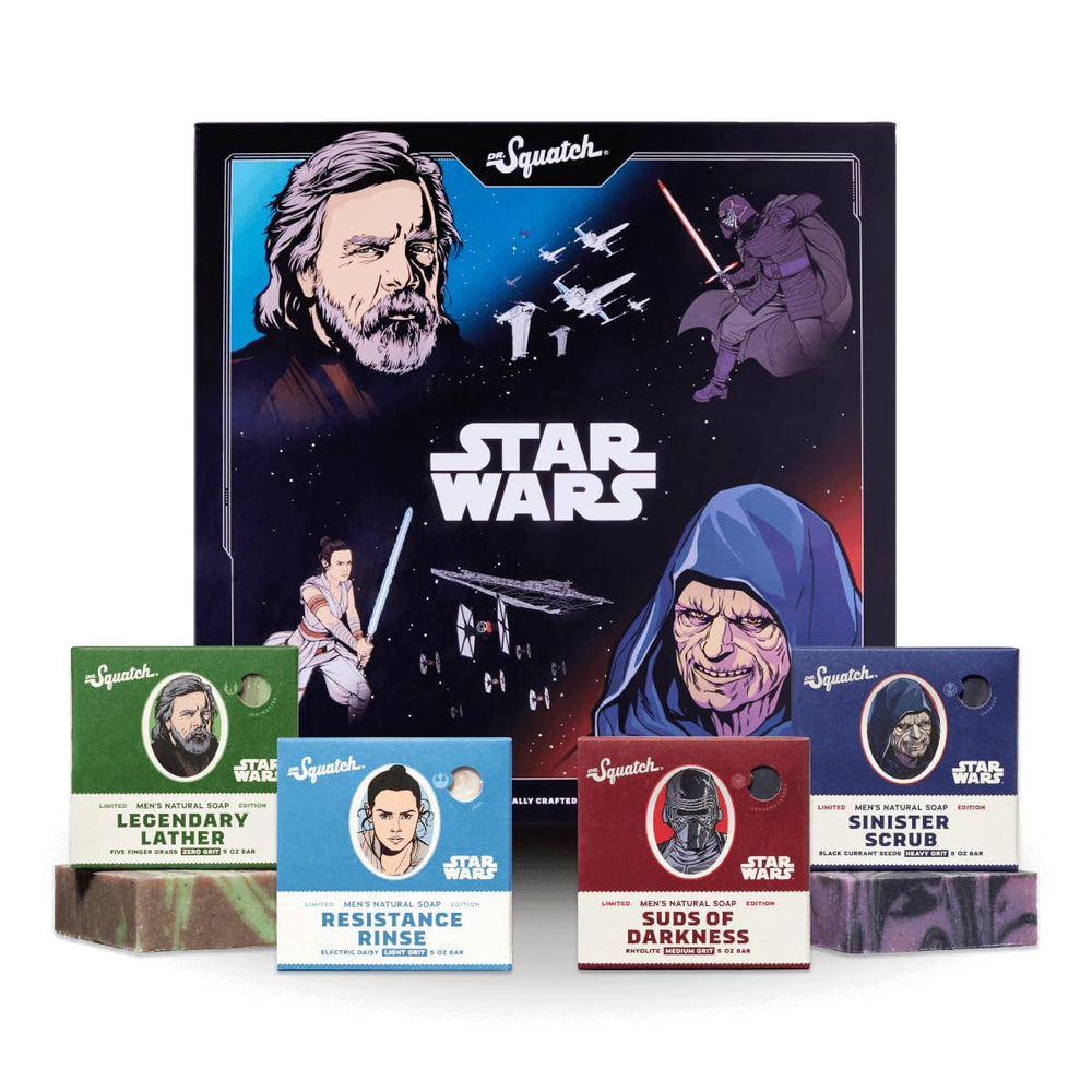 Dr. Squatch Star Wars Episode II bundle box open showing four bars for a premium skincare ritual