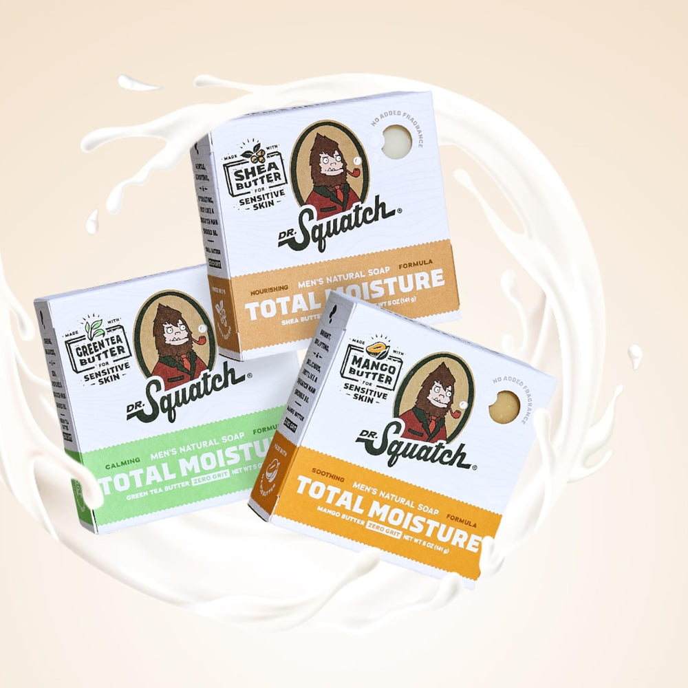 Dr. Squatch Total Moisture Bar fragrance-free lather supports skin comfort during showers.