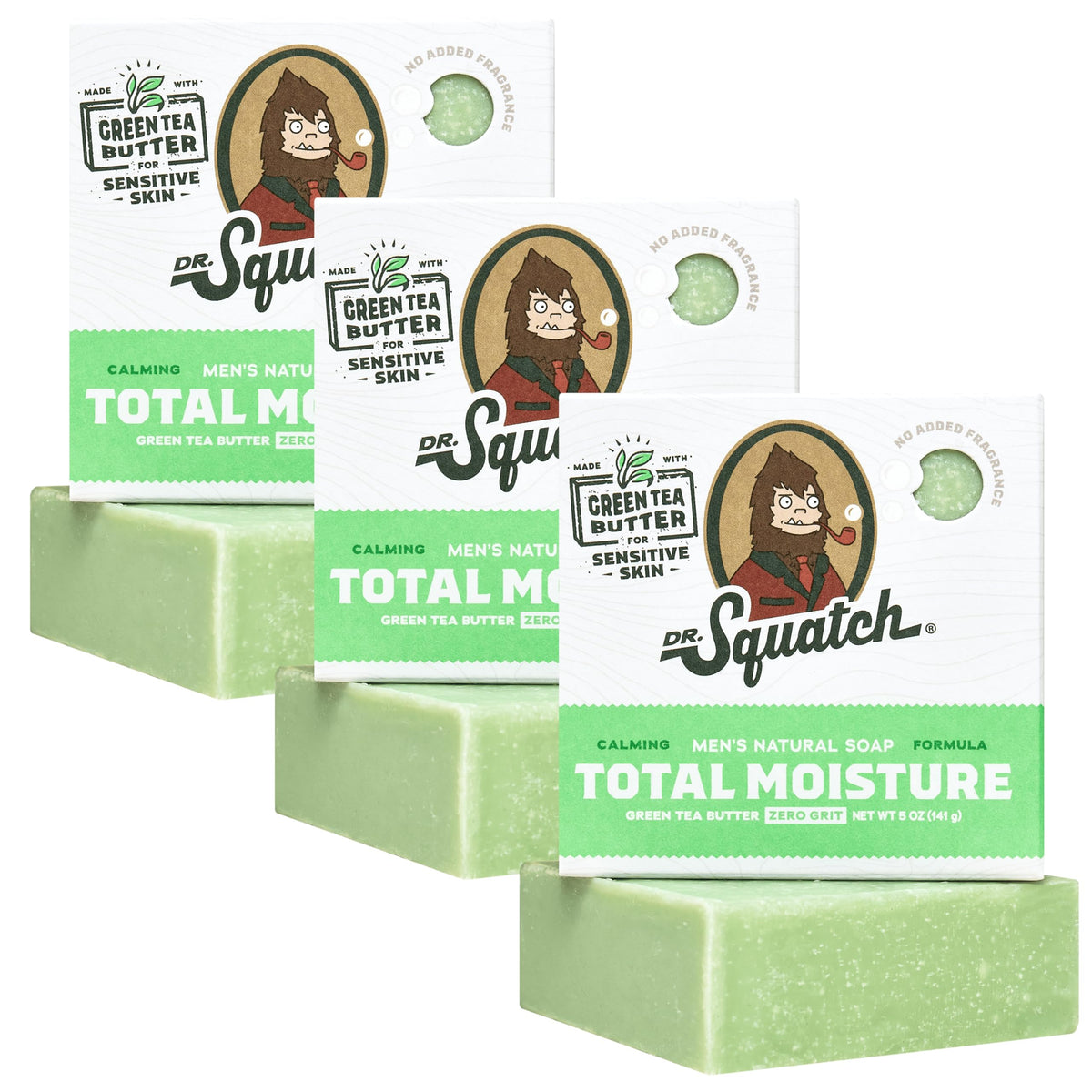 Dr. Squatch Total Moisture Bar Green Tea Butter pack highlights hydration for daily use.