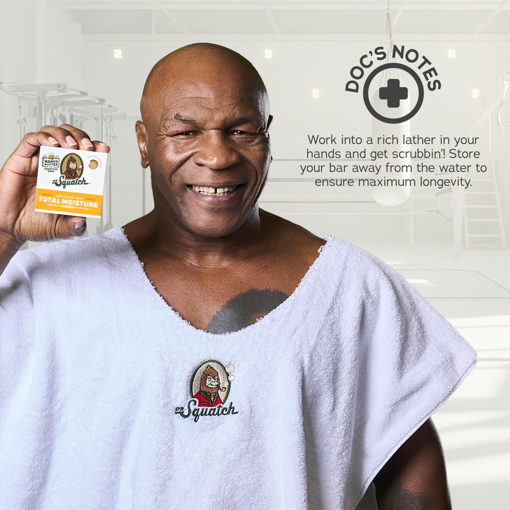 Dr. Squatch Total Moisture Bar Soap mango butter ingredients panel emphasizes plant butters and skin hydration.