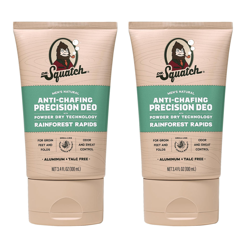 Dr. Squatch Whole Body Deodorant Rainforest Rapids bottle closeup for natural odor control.