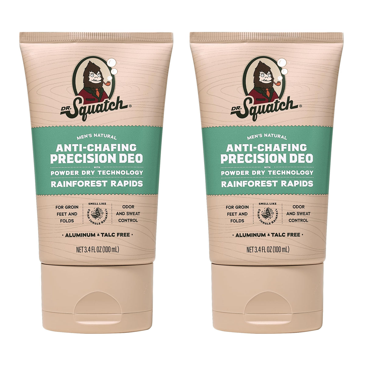 Dr. Squatch Whole Body Deodorant Rainforest Rapids bottle closeup for natural odor control.