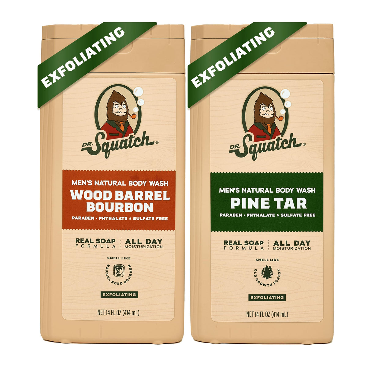 Dr. Squatch Wood Barrel Bourbon bottle highlights rugged scent for all day freshness