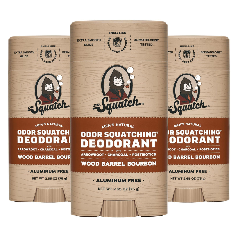 Dr. Squatch Wood Barrel Bourbon deodorant 3-pack packaging for all-day odor protection.