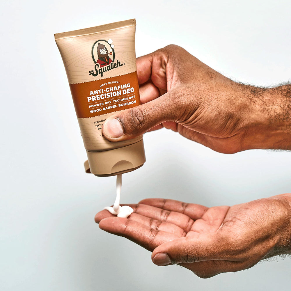Dr. Squatch deodorant-dispense close-up showing lotion-like application and quick-dry finish.