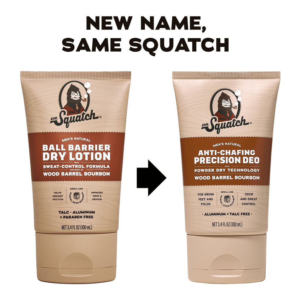 Dr. Squatch Wood Barrel Bourbon powdery-finish on skin for comfortable daily wear.