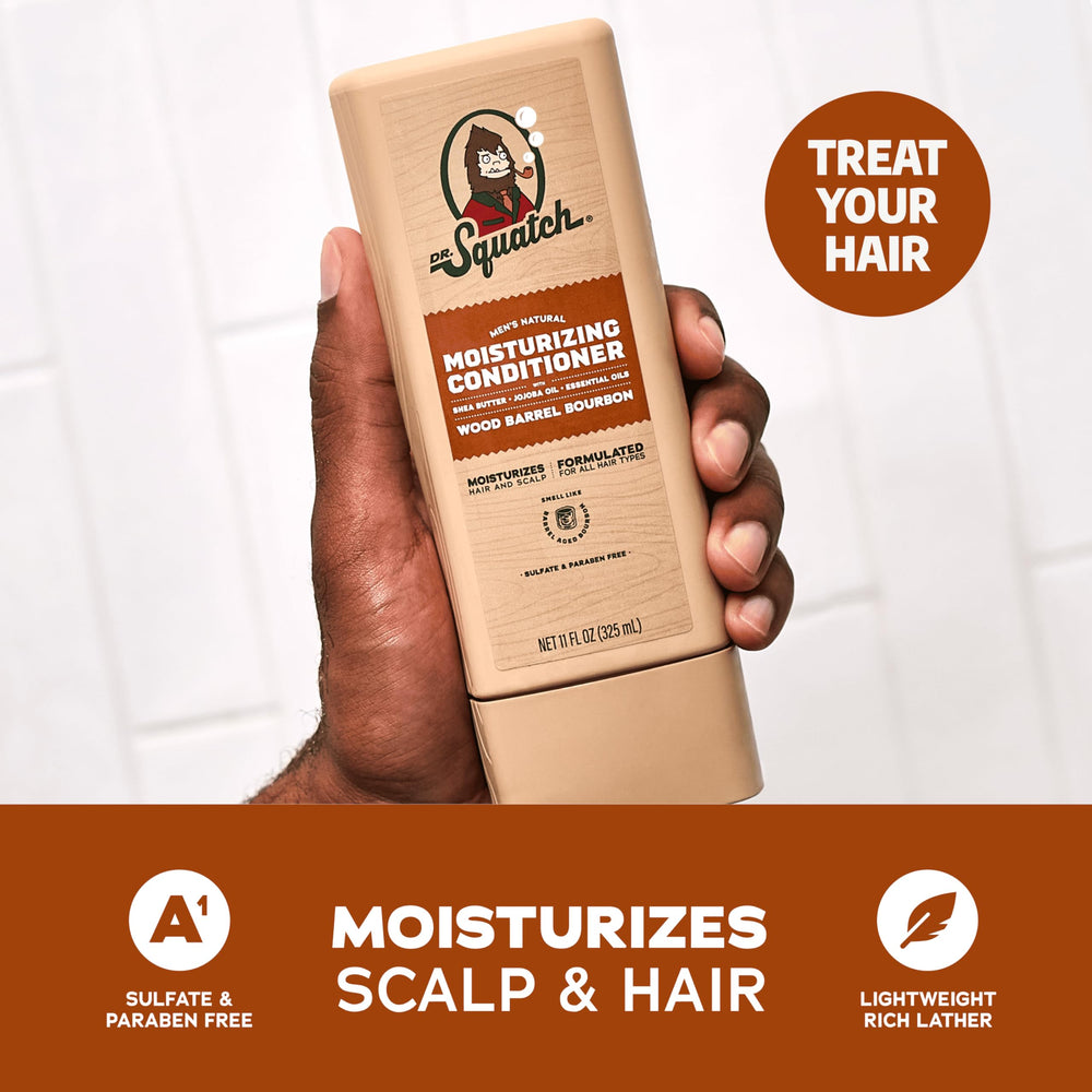 Dr. Squatch Wood Barrel Bourbon shampoo close-up highlighting rugged, natural fragrance.