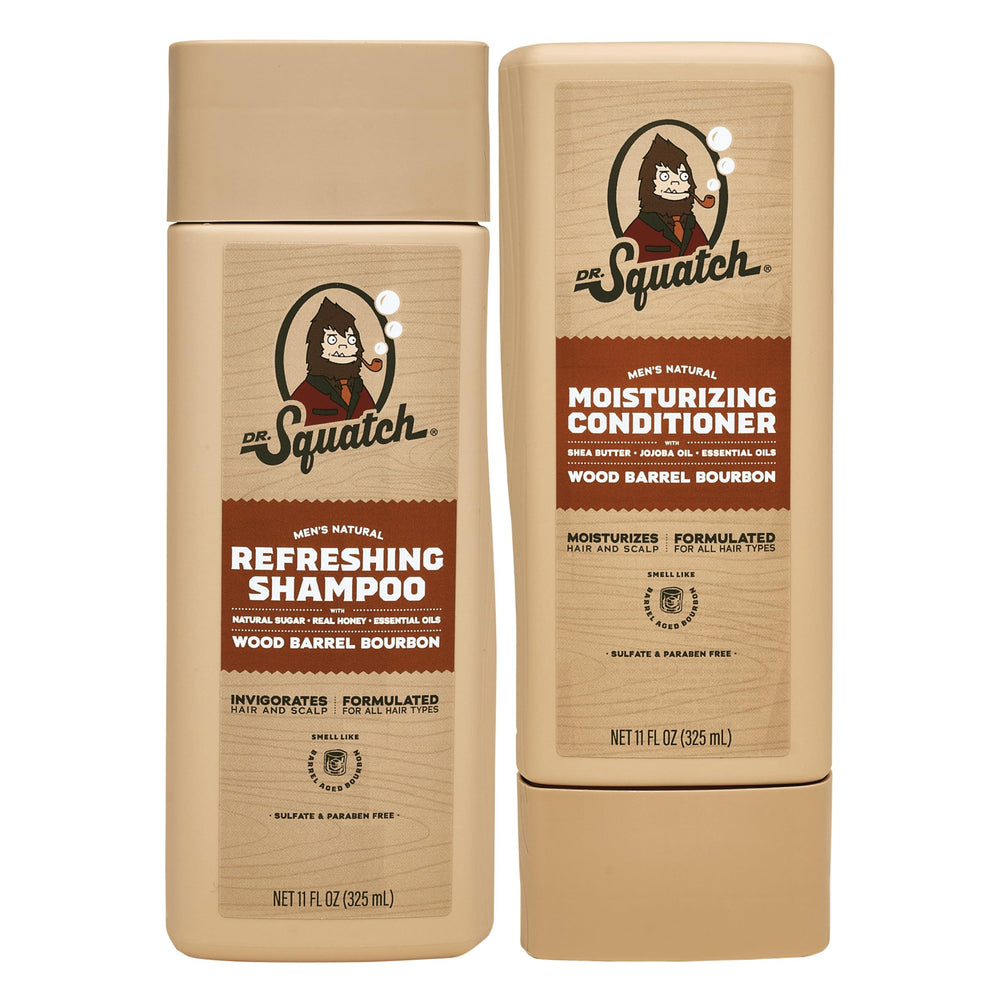 Dr. Squatch Wood Barrel Bourbon shampoo bottle for clean, refreshed hair after workouts.