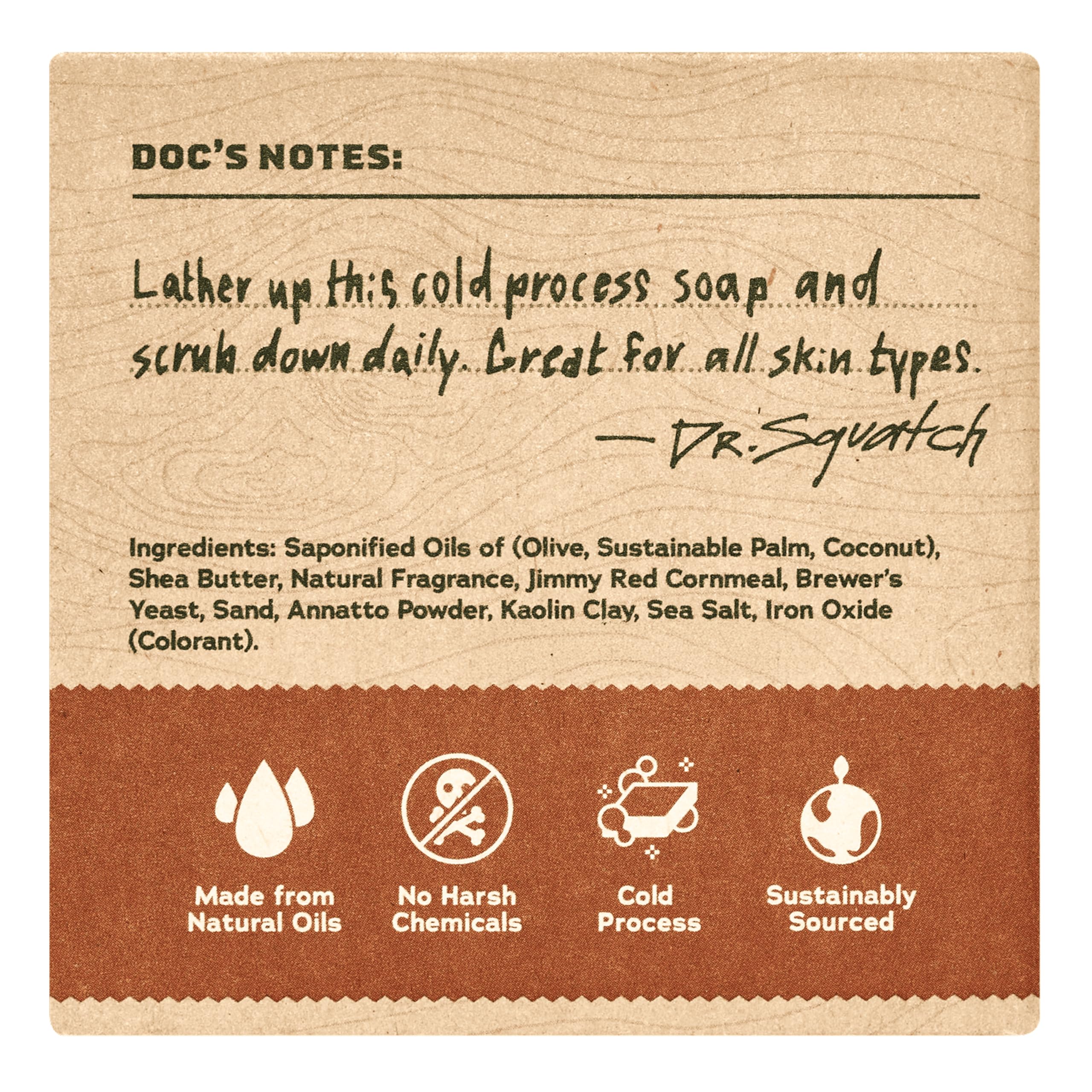 Dr. Squatch Wood Barrel Bourbon soap close-up highlights texture and natural lather.
