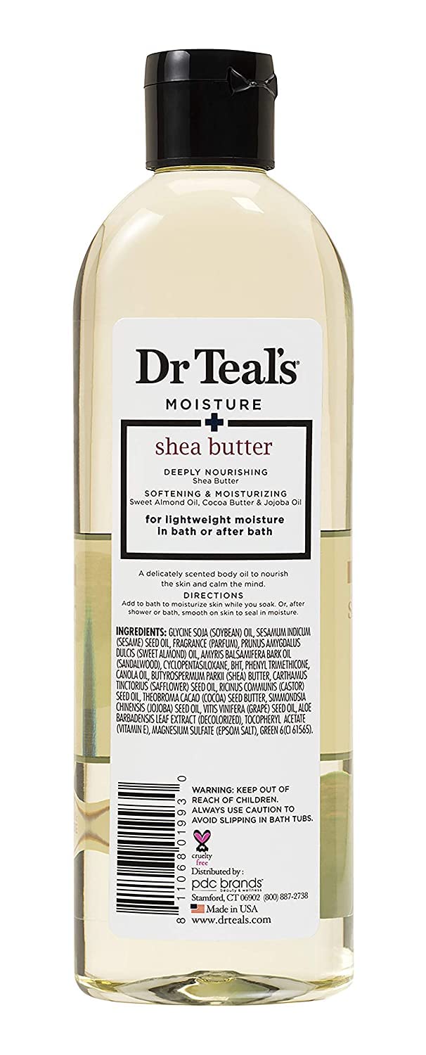 Dr Teal's bath oil shows quick absorption and a light shimmering finish.