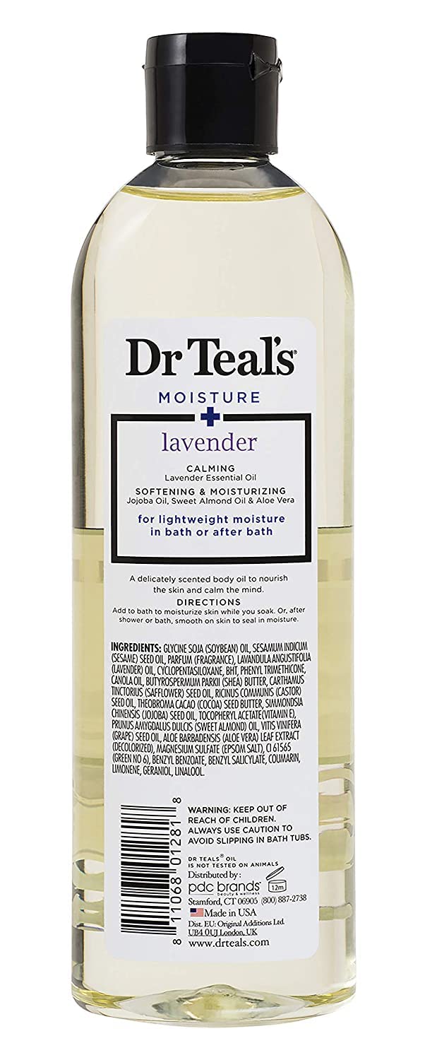 Dr Teal's Lavender oil pour showing shimmering finish and calming scent.