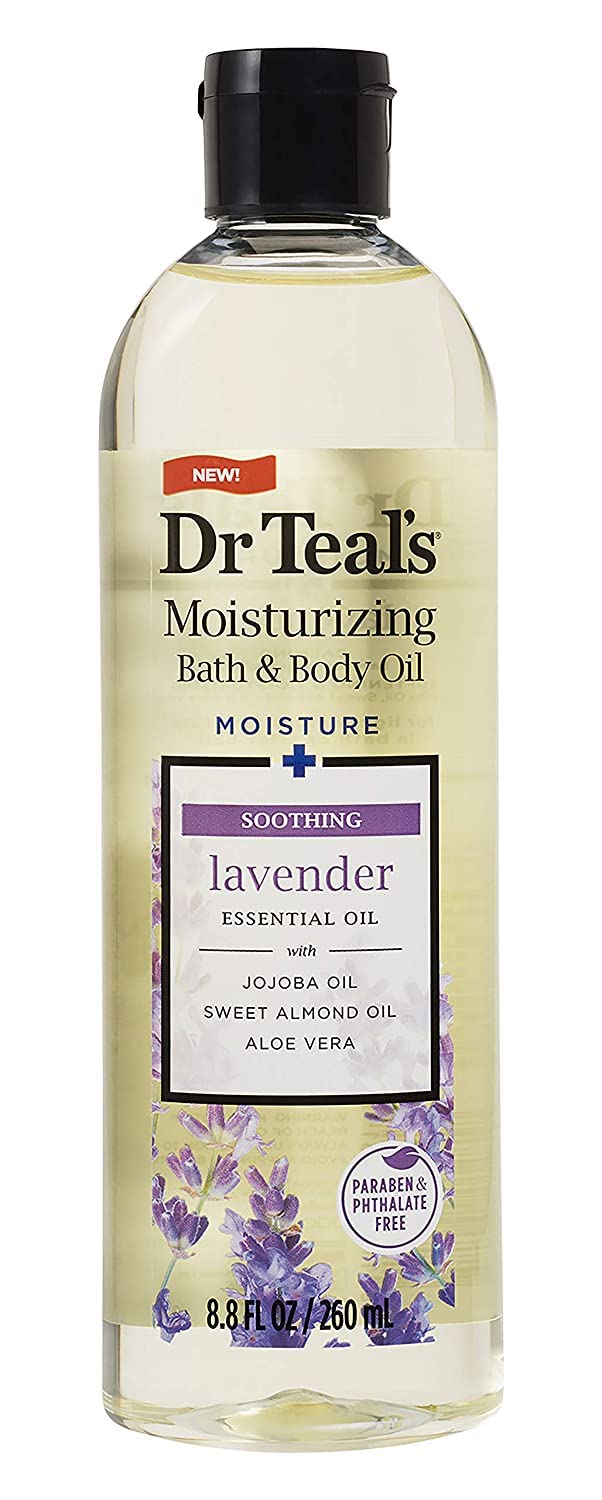 Dr Teal's Shea Butter bath oil bottle offering rich hydration for nourished skin.