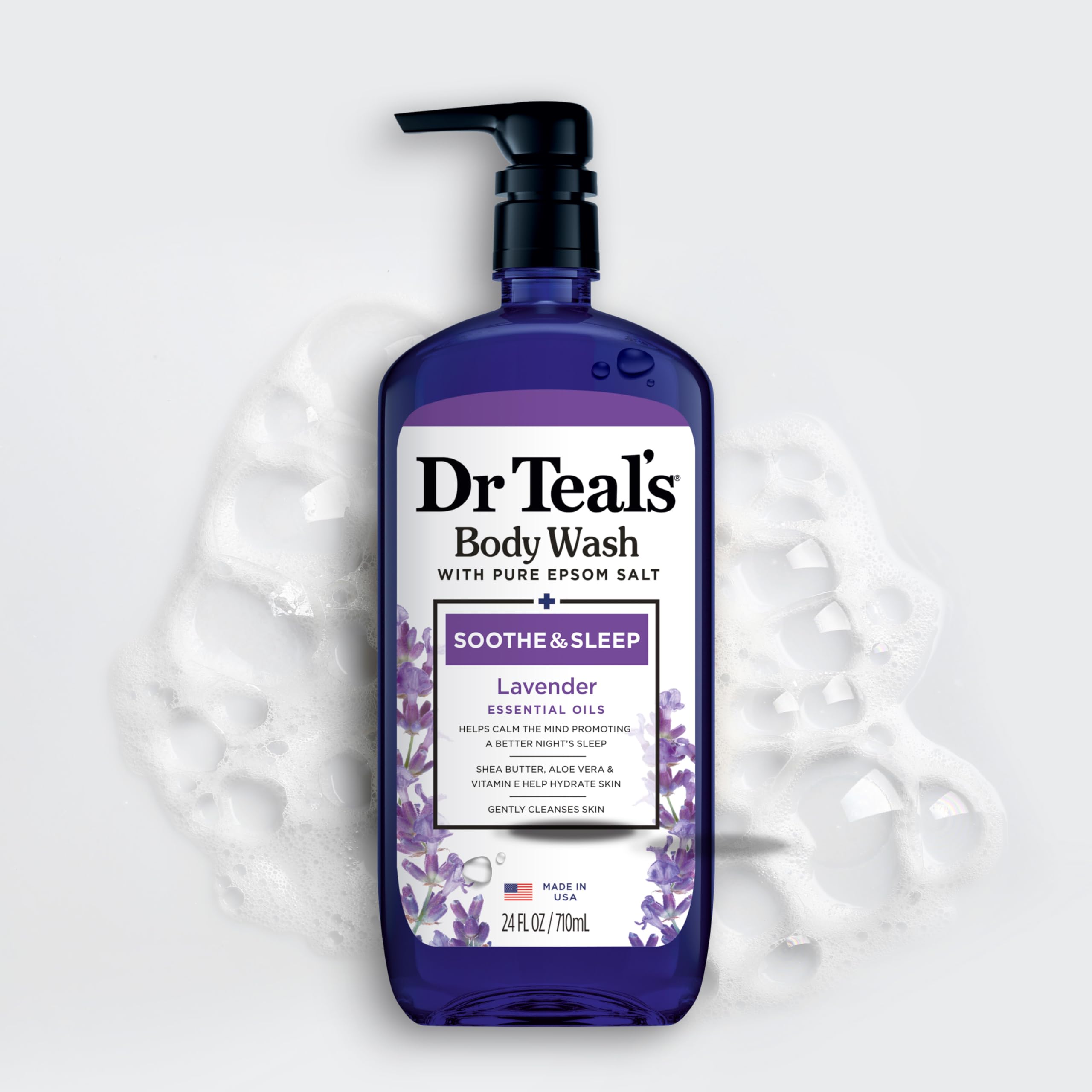 Dr Teal's Lavender relaxation scene suggests a sleep-friendly bath ritual.