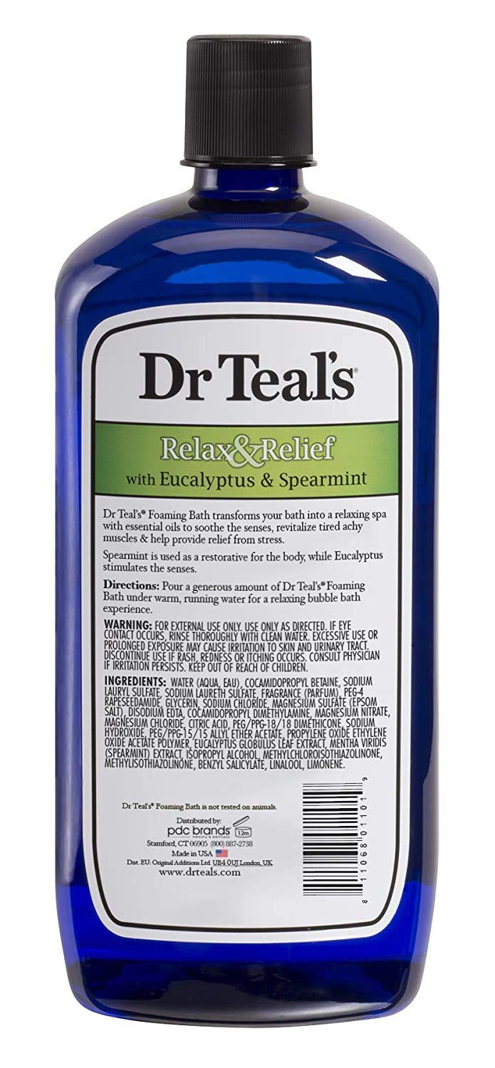 Dr Teal's Eucalyptus & Spearmint spa-scene tub with foam communicates easing tension.