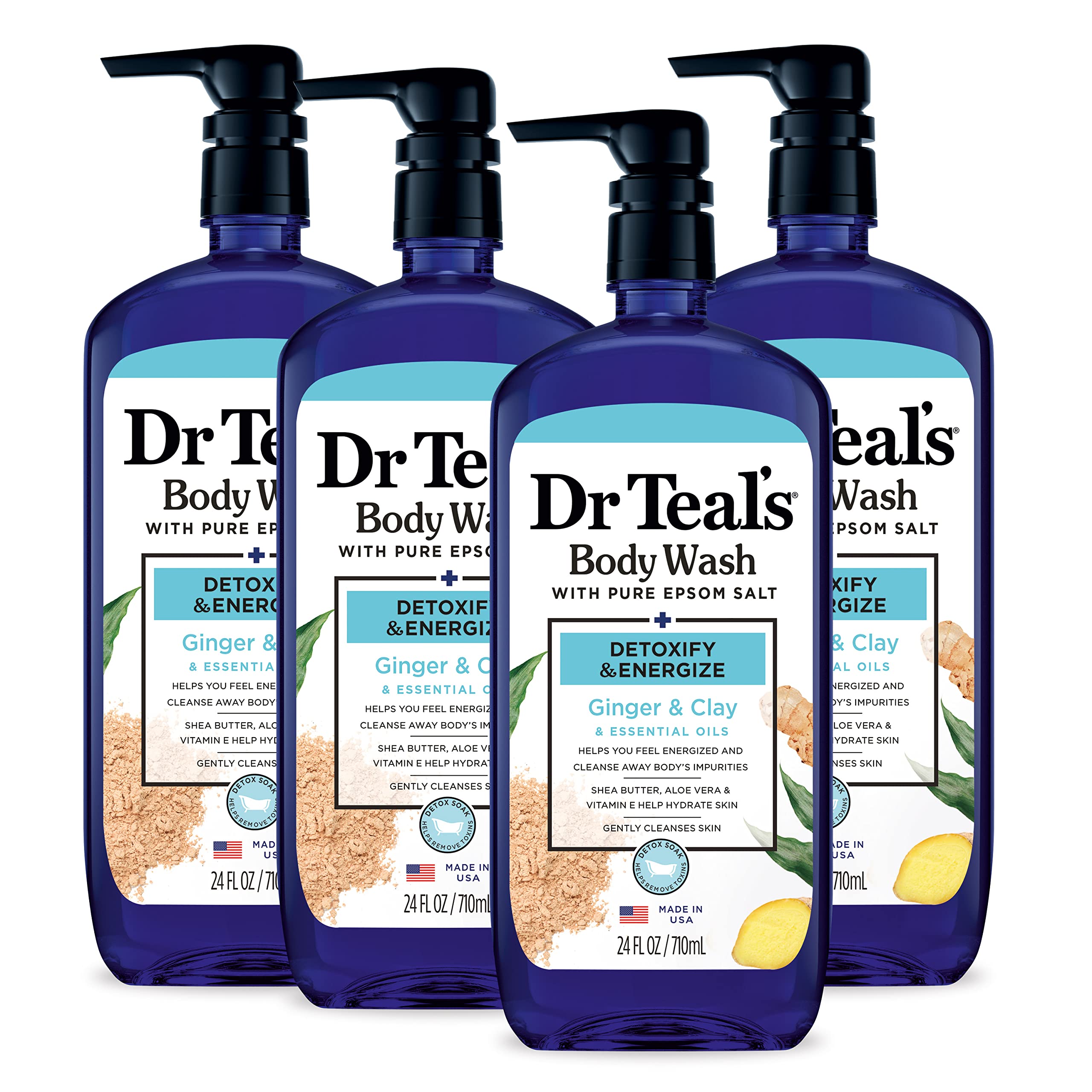Dr Teal's Body Wash bottle with ginger and clay for an energizing cleanse.